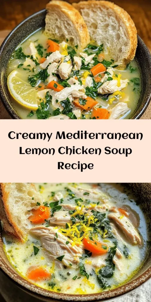 Warm up with this creamy Mediterranean Lemon Chicken Soup, a comforting bowl filled with vibrant flavors and wholesome ingredients. Sauté onions, garlic, carrots, and celery, then add tender chicken thighs for protein. A rich blend of chicken broth and heavy cream gives this soup its lush texture, while fresh spinach adds a pop of color. Finished with a zesty touch of lemon and garnished with parsley, it's perfect for chilly days. Serve with crusty bread for a delightful meal!