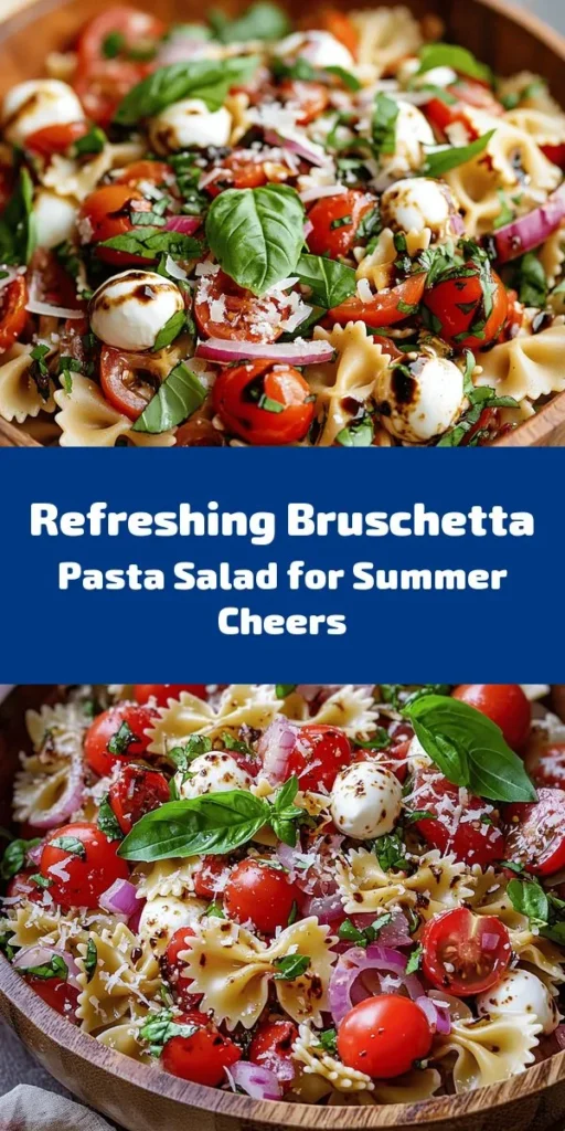 Brighten up your meal with this Delicious Bruschetta Pasta Salad! Perfect for picnics or as a side dish, this vibrant salad features bowtie pasta, juicy cherry tomatoes, and creamy mozzarella tossed in a tangy balsamic dressing. Fresh basil and red onion add a delightful crunch, while optional grated Parmesan makes it extra special. Quick to prepare and bursting with flavor, this dish is sure to impress your family and friends. Chill it for 30 minutes and enjoy!