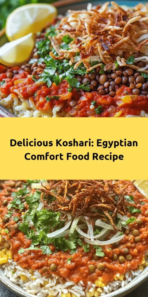 Experience the vibrant flavors of Egypt with this delicious Koshari recipe! Combining lentils, rice, and macaroni, this comforting dish is layered with a spiced tomato sauce and topped with crispy fried onions. Perfect for any meal, Koshari is not only hearty but also a visual feast. Serve it with a squeeze of lemon and fresh parsley for a burst of freshness. Ideal for family dinners or gatherings, this dish is sure to impress!