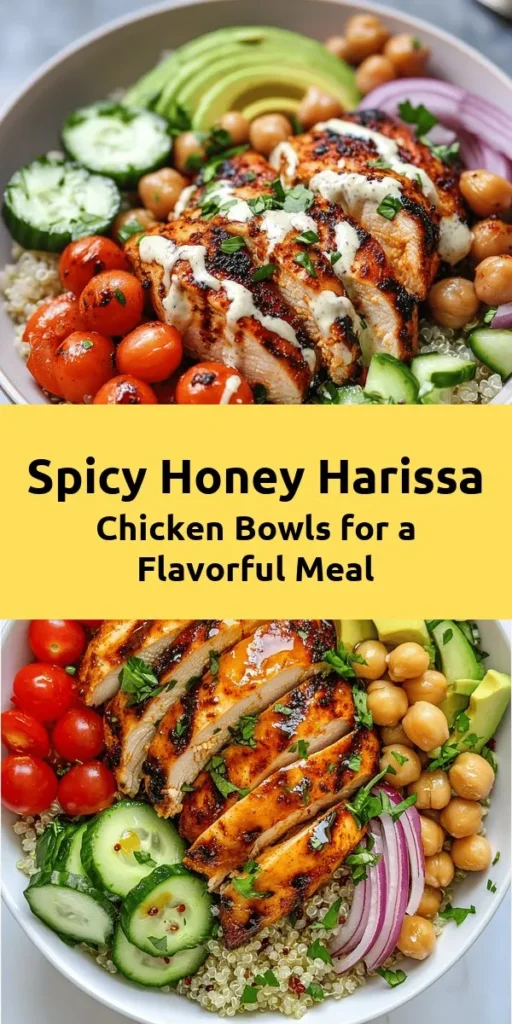 Discover a delicious and healthy meal with these Honey Harissa Chicken Bowls! Packed with flavor, this recipe features marinated grilled chicken thighs glazed with harissa and honey, served over a bed of quinoa or brown rice. Top with fresh veggies like cherry tomatoes, cucumbers, and avocado for a fresh crunch. Don't forget the creamy tahini dressing to tie it all together. Perfect for meal prep or a family dinner! Enjoy a burst of flavors in every bite!