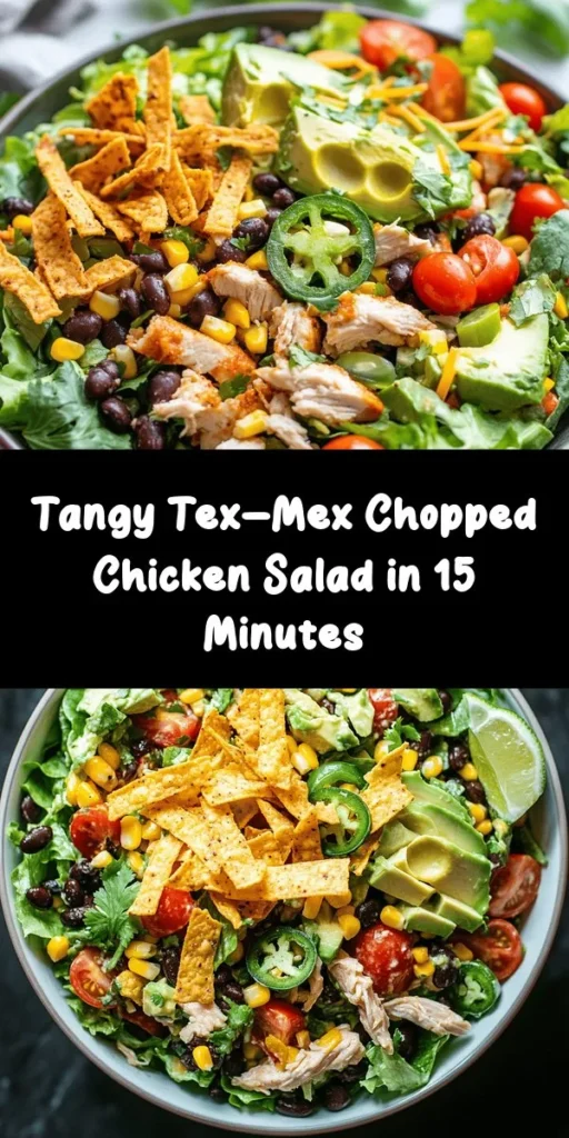 Looking for a fresh and flavorful meal? Try this Tex-Mex Chopped Chicken Salad! Packed with grilled or rotisserie chicken, crisp romaine, sweet cherry tomatoes, corn, black beans, creamy avocado, and zesty lime dressing, it’s a perfect mix of textures and tastes. Top it off with cheese, cilantro, and crunchy tortilla strips for extra deliciousness. Ideal for lunch or dinner, this vibrant salad is ready in just 15 minutes!