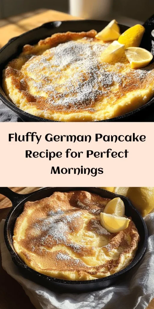 Indulge in a delightful breakfast with this fluffy Baked German Pancake recipe! Perfect for weekends or special occasions, it combines eggs, milk, flour, and a hint of vanilla for a light, airy treat. Bake it in a hot cast-iron skillet for that perfect puff. Dust with powdered sugar and serve with fresh lemon wedges for a zesty touch. Ready in just 35 minutes, this dish is sure to impress your family and friends!