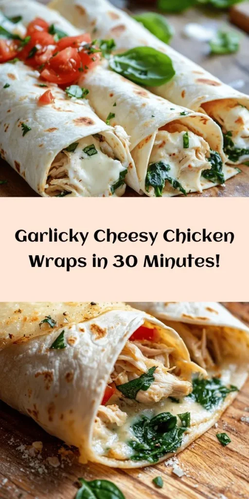 These Cheesy Garlic Chicken Wraps are a delicious and quick meal that will satisfy your cravings. Packed with shredded chicken, gooey mozzarella, and a creamy garlic filling, they are perfect for lunch or dinner. Add fresh spinach and tomatoes for a burst of flavor, and don’t forget to drizzle with hot sauce for an extra kick! With simple ingredients and easy steps, you can whip these up in just 30 minutes. Get ready to wrap up some goodness!