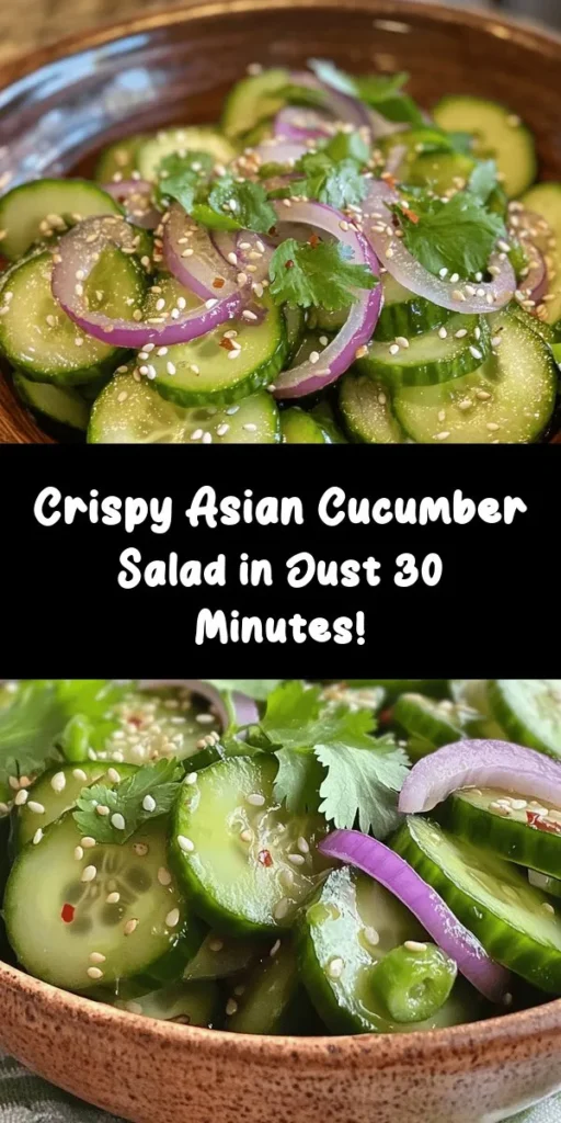 Looking for a quick and refreshing side dish? This Easy Asian Cucumber Salad is perfect! Made with crisp cucumbers, red onions, and a flavorful dressing of rice vinegar, soy sauce, sesame oil, and ginger, it's both delicious and nutritious. Add sesame seeds and green onions for extra crunch, and let it marinate for a bit in the fridge for the best flavor. Perfect for summer barbecues or a light lunch, this salad is a must-try!