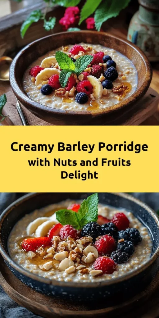 Start your day with this deliciously creamy barley porridge that's warm and comforting! Made with pearled barley, it's simmered in water or vegetable broth, then enriched with milk, honey or maple syrup, and a hint of vanilla and cinnamon. Top it off with your favorite nuts and fruits for added texture and flavor. Perfect for breakfast or a cozy snack, this dish will surely become a favorite in your kitchen. Try it today and enjoy a nutritious start!
