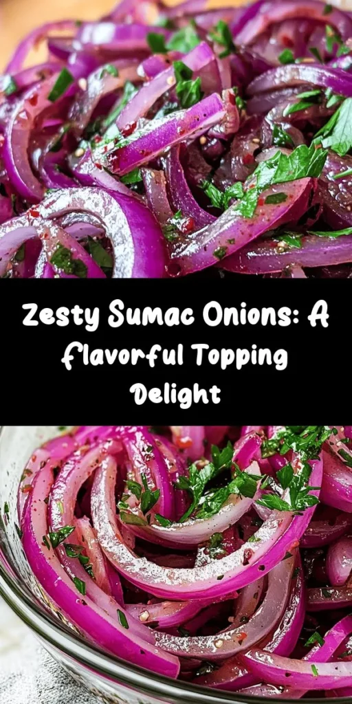 Brighten up your meals with these zesty sumac onions! This simple recipe combines thinly sliced red onions marinated in olive oil, sumac spice, and a splash of red wine vinegar for a delicious tang. With a touch of parsley for garnish, these onions can elevate any dish—serve them as a side, toss in salads, or top grilled meats for a burst of flavor. Quick to prepare and packed with zest, they’re sure to impress!