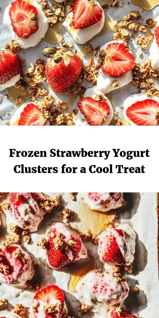 Cool off this summer with delicious frozen strawberry yogurt clusters! These easy-to-make treats feature fresh strawberries dipped in a creamy yogurt mixture sweetened with honey or maple syrup. Top them with granola or nuts for an extra crunch! Perfect for a healthy dessert or snack, these yogurt clusters are simple to prepare and only take about 15 minutes of prep. Freeze and enjoy a refreshing bite anytime! Perfect for sharing with family and friends!