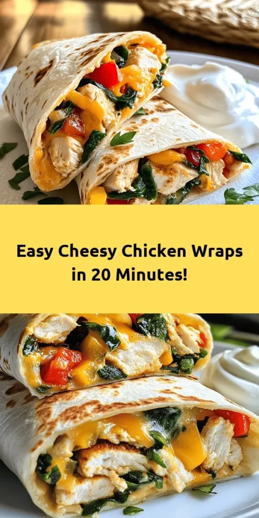 Discover the deliciously simple Easy Cheesy Chicken Wraps that make for the perfect meal or snack! With just a few ingredients like shredded chicken, your favorite cheese, fresh spinach, and colorful bell peppers, you can whip these up in just 20 minutes. These crispy, cheesy wraps are packed with flavor and can be customized to your taste. Perfect for busy weeknights or a tasty lunch on the go. Try them today!