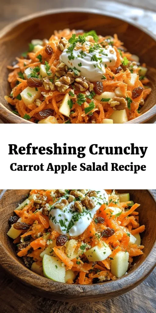 Brighten up your meal with this refreshing Crunchy Carrot Apple Salad! Perfectly sweet and tangy, this salad combines grated carrots and crisp apples with a delightful mix of raisins, walnuts, and fresh parsley. Toss it all together with a creamy yogurt dressing made with honey and apple cider vinegar for a burst of flavor. Quick to prepare in just 15 minutes, it’s a delicious side dish for any occasion that everyone will love. Enjoy it chilled or at room temperature!
