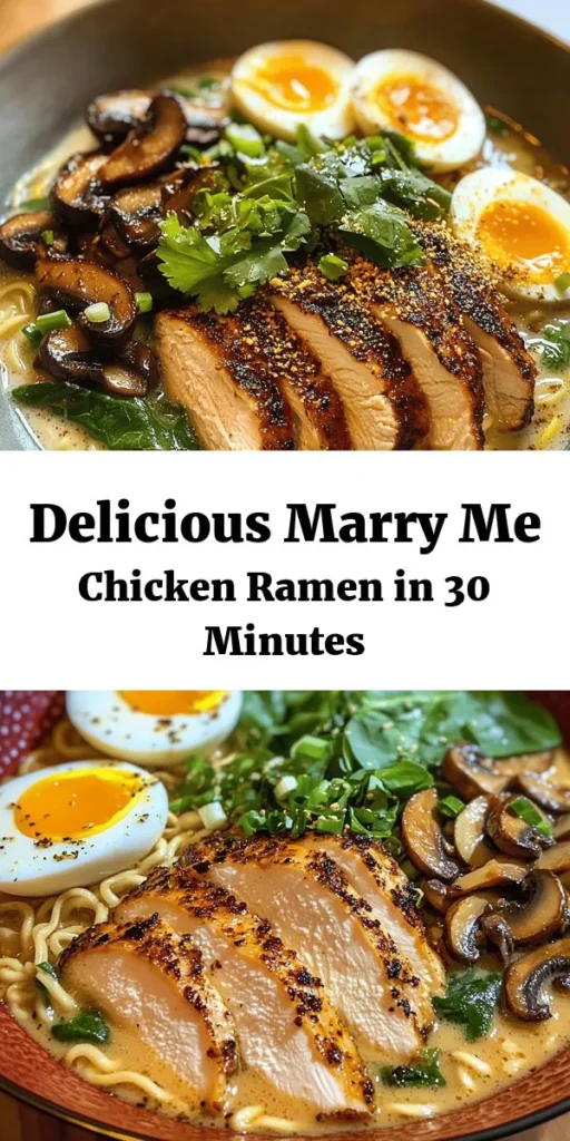 Get ready to fall in love with this Marry Me Chicken Ramen! This creamy, flavorful dish combines tender chicken, fresh veggies, and instant ramen noodles in a rich coconut milk sauce, all topped with soft-boiled eggs and vibrant green onions. Perfect for a cozy dinner, it’s simple enough for weeknights yet elegant enough to impress. Enjoy in just 30 minutes with minimal prep! Your taste buds will thank you!
