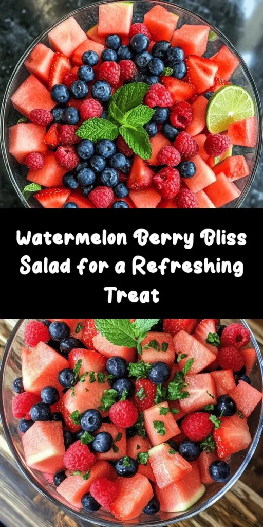 Cool off this summer with our Refreshing Watermelon Berry Bliss Salad! This vibrant blend of juicy watermelon, strawberries, blueberries, and raspberries is tossed in a zesty lime dressing and finished with fresh mint leaves. Perfect as a light snack or a delightful side dish, this salad is not only easy to make but also packed with flavor. Prep time is just 10 minutes, making it a quick and healthy treat for any occasion. Enjoy chilled and savor the sweetness!