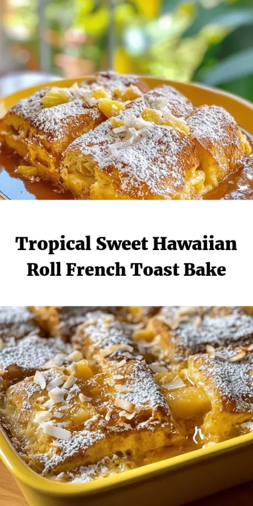 Transform your breakfast routine with this Sweet Hawaiian Roll French Toast Bake! This delicious dish combines soft, sweet Hawaiian rolls soaked in a creamy custard, infused with vanilla, cinnamon, and nutmeg. Topped with crushed pineapple and optional shredded coconut, it's a tropical twist on a classic favorite. Perfect for gatherings or a cozy family brunch, serve warm with a drizzle of maple syrup and a dusting of powdered sugar for a delightful touch!
