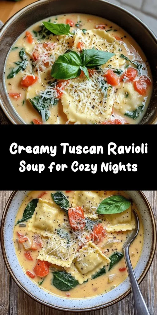 Warm up with a bowl of this creamy Tuscan ravioli soup, perfect for any cozy night! This delightful mixture of fresh vegetables, savory herbs, and rich cream creates a satisfying dish that’s both comforting and delicious. With just 35 minutes of prep time, it's quick to whip up for family or guests. Top it off with grated Parmesan and fresh basil for that extra touch. Enjoy every flavorful spoonful!