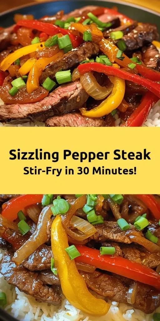 Discover the vibrant flavors of Sizzling Pepper Steak Delight! This quick and easy recipe features tender flank steak marinated in savory sauces and stir-fried with colorful bell peppers, onions, and aromatic garlic and ginger. Ready in just 30 minutes, it's the perfect dish to serve over rice or noodles for a satisfying meal. Don't forget to garnish with fresh green onions for an extra pop of flavor. Perfect for weeknight dinners or impressing guests!