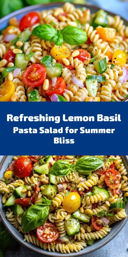 Brighten up your mealtime with this refreshing Lemon Basil Pasta Salad! Perfect for a light lunch or a side dish at gatherings, this salad combines whole grain pasta with crisp vegetables like cherry tomatoes, cucumber, and bell pepper, all tossed in a zesty lemon dressing. Add fresh basil for an aromatic touch and optional toasted pine nuts for crunch. Easy to prepare and full of flavor, it’s a must-try for pasta lovers! Enjoy chilled or at room temperature.