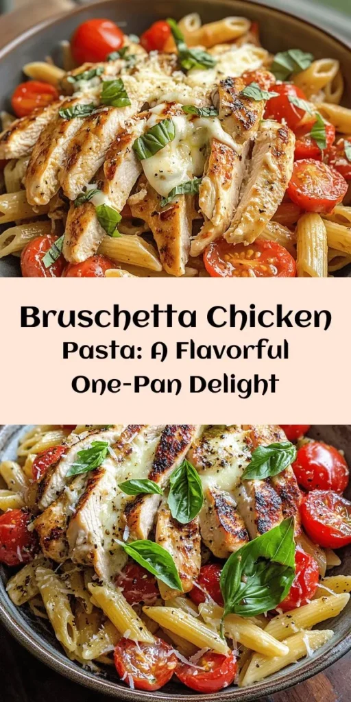 Indulge in a delightful meal with this Bruschetta Chicken Pasta! Perfect for a quick weeknight dinner, this recipe combines tender chicken breasts, fresh cherry tomatoes, and aromatic basil, all tossed with your favorite pasta. Drizzled with balsamic vinegar and topped with melted mozzarella and Parmesan, it's a flavor-packed dish that's sure to impress. Ready in just 30 minutes, this is a must-try for pasta lovers. Enjoy every bite!