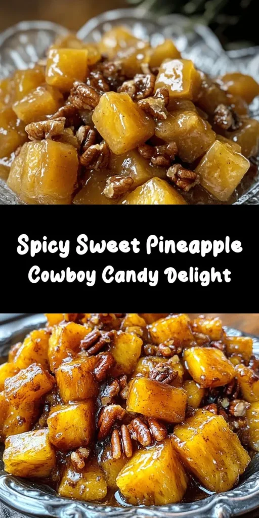 Satisfy your sweet tooth with this delicious Pineapple Cowboy Candy! Made with fresh pineapple, a perfect blend of sugars, apple cider vinegar, and spices, this treat is both sweet and spicy. Simply simmer your ingredients, let the flavors meld overnight, and you’ll have a tasty snack in no time. Enjoy it on its own, as a dessert topping, or mixed into yogurt. Give it a try for a fun twist on candy!