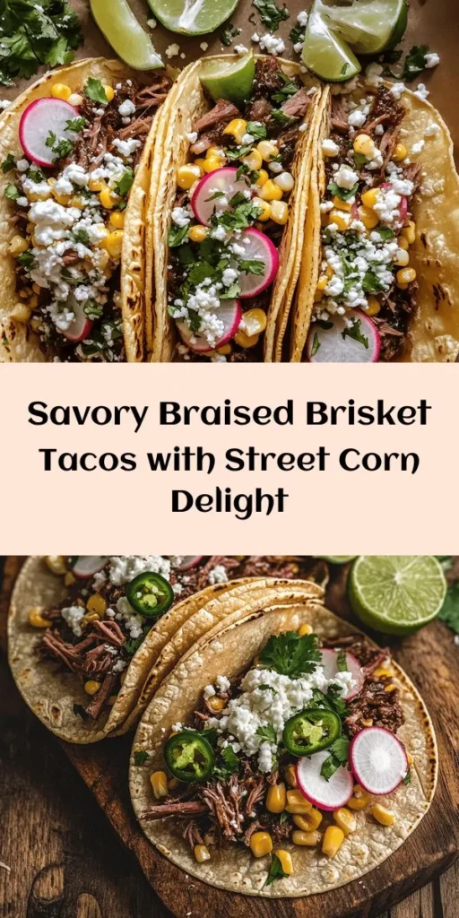 Indulge in the mouthwatering flavors of Braised Brisket Tacos with Street Corn and Jalapeño Lime Ranch! This recipe features tender, slow-braised brisket served in warm corn tortillas, topped with zesty street corn and a creamy jalapeño lime ranch sauce. Perfect for taco night or any gathering, these tacos are bursting with flavor and texture. Serve with lime wedges for that extra zing and get ready to impress your family and friends!