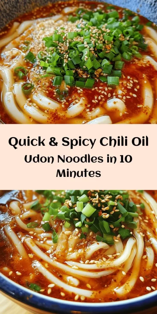 Experience a burst of flavor with these Spicy Quick Chili Oil Udon Noodles! Ready in just 10 minutes, this simple recipe features chewy udon noodles tossed in a delicious blend of chili oil, soy sauce, and sesame oil, along with aromatic garlic and ginger. Customize with your favorite protein, like tofu or shrimp, and add colorful veggies for a complete meal. Garnish with green onions and sesame seeds for added crunch. Perfect for a quick lunch or dinner!
