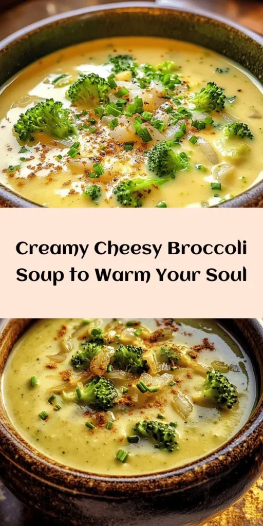 Indulge in the rich, creamy goodness of Cheesy Broccoli Bliss Soup! This comforting dish combines fresh broccoli with sharp cheddar cheese and a hint of Dijon mustard for extra flavor. With just a handful of ingredients, you can whip up this delicious soup in under 35 minutes. Perfect for chilly days, it's not only easy to make but also nutritious. Don’t forget to garnish with fresh chives for that extra touch! Ideal for lunch or dinner, your taste buds will thank you. 🥦🧀