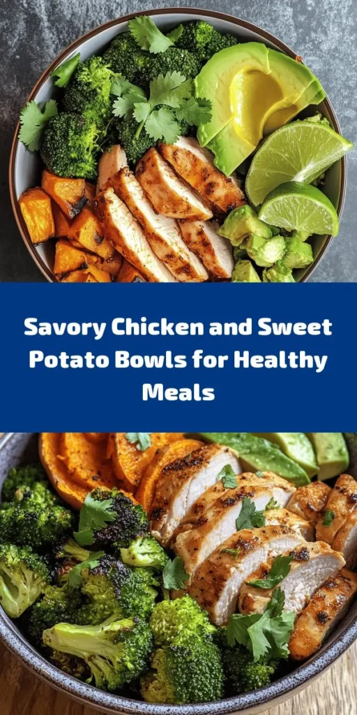 Get ready to enjoy these Savory Chicken and Sweet Potato Bowls! This wholesome recipe features juicy chicken breasts, roasted sweet potatoes, and steamed broccoli, all layered over hearty quinoa. Finished with creamy avocado and a squeeze of lime, these bowls are as nutritious as they are delicious. Perfect for meal prep or a quick weeknight dinner, this dish will satisfy your cravings while keeping you energized. Try it today!
