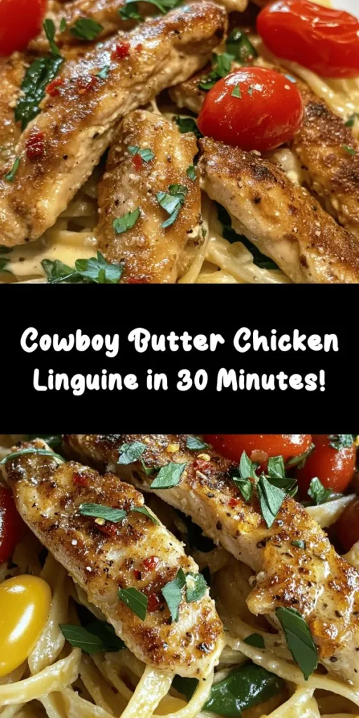Get ready to indulge in a hearty meal with this Easy Cowboy Butter Chicken Linguine! This recipe combines tender chicken strips seasoned to perfection with a creamy sauce, fresh cherry tomatoes, and vibrant spinach, all tossed with al dente linguine. It's a quick 30-minute dish that's perfect for weeknight dinners. Garnish it with parsley and a sprinkle of red pepper flakes for an extra kick. Your family will love this comforting and delicious pasta!
