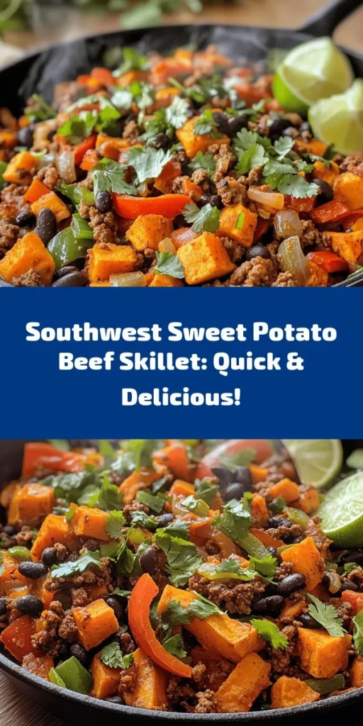 Try this delicious Southwest Ground Beef and Sweet Potato Skillet for a quick and satisfying meal! Packed with lean ground beef, sweet potatoes, bell peppers, and black beans, this one-pan dish is full of flavor and nutrients. Spiced with chili powder and cumin, it’s perfect for busy weeknights. Ready in just 40 minutes, serve it topped with fresh cilantro and a squeeze of lime for an extra zing. Enjoy a taste of the Southwest!
